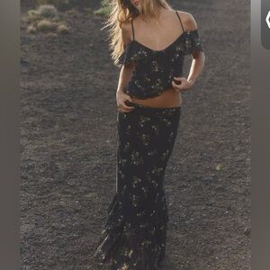 Black Floral Off-Shoulder Ruffle Cami Top skirt set